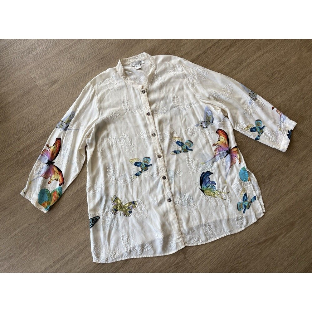 Citron Santa Monica 100% Silk Button Up blouse Top Butterfly Print Plus Size